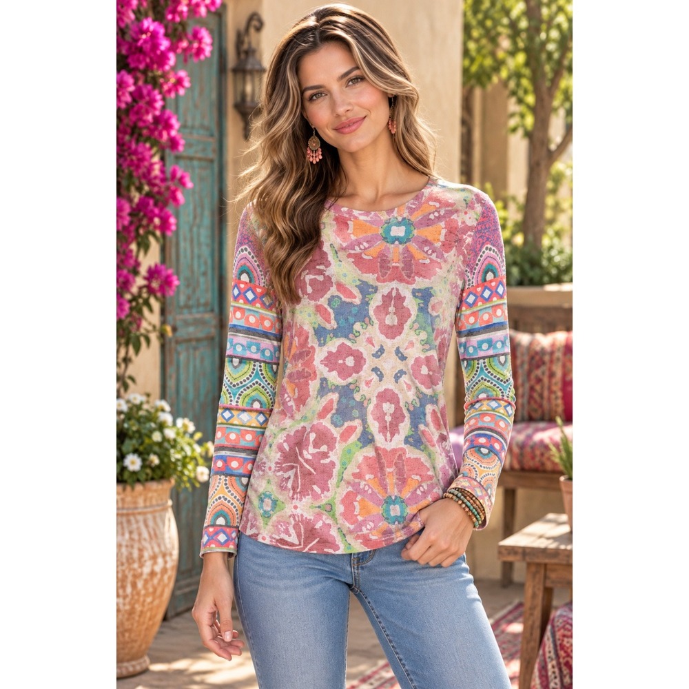 Sundance BEFORE + AGAIN Boho Floral Mixed Print Thermal Top Small Made in USA